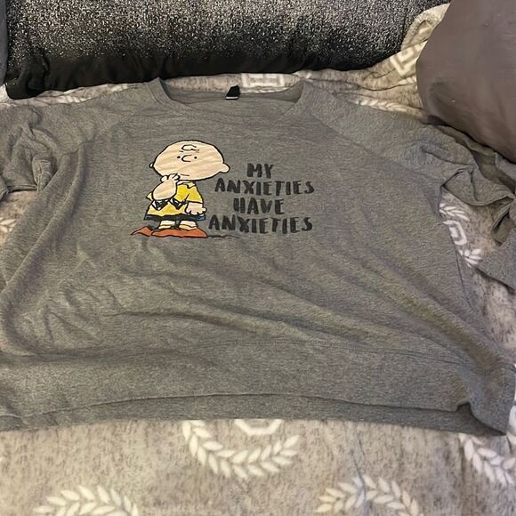 Y2k style peanuts crewneck anxieties sweatshirt pullover grey - Picture 1 of 5